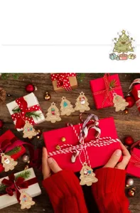 Close-up of tree-shaped kraft paper Christmas gift tags with various festive illustrations