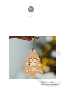 Close-up of kraft paper Christmas tree tag with snowman illustration and gold string