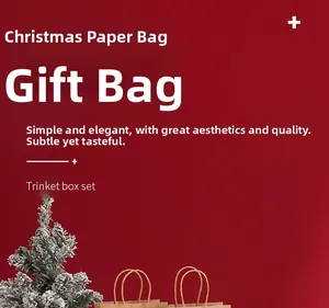 Detail of brown kraft Christmas gift bags with foil stamping on a festive red background