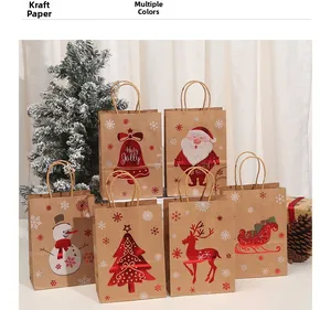 Brown kraft paper Christmas gift bags with gold stamping and festive designs