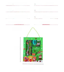 Detail view of the 6-piece Christmas stationery set gift box with dimensions and components
