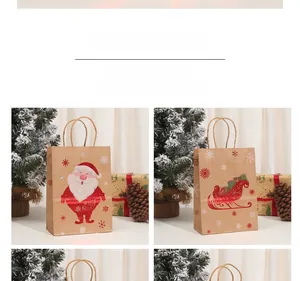 Detail of Christmas brown kraft gift bags with reindeer, snowflake, and sleigh patterns
