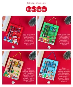 Christmas stationery gift set with pencil, ruler, and sharpener in festive red packaging