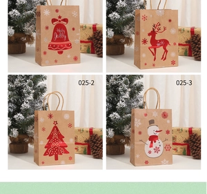 Detailed grid of four kraft paper Christmas gift bags featuring reindeer and snowflake prints