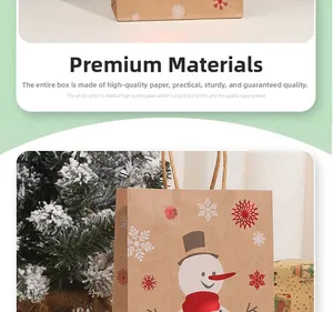 Detail of kraft paper gift bag featuring festive snowman and snowflake gold stamping
