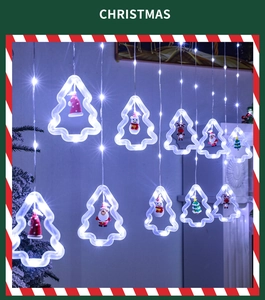 Detail von LED-Weihnachtsvorhang-Lichtern mit Weihnachtsmann- und Schneemannfiguren