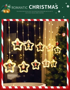 Detail von warmen LED-Weihnachtsvorhang-Lichterketten mit Sternen und Figuren