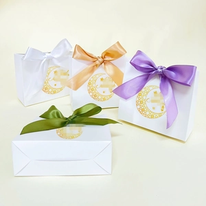 Eid Mubarak Moon Star Pattern Gift Box With Satin Ribbon Bow Hot Stamping Paper Candy Packaging Box For Eid Party Favors Decorations