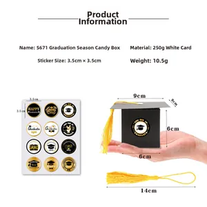 Detailed dimensions of mortarboard gift box with yellow tassel and sealing stickers