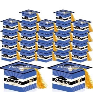 Pack of 20 graduation cap gift boxes with blue stripes and gold tassels for party favors