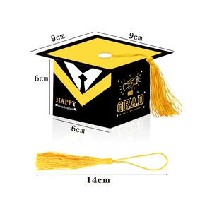 Detailed dimensions of the black mortarboard graduation candy box with yellow tassel
