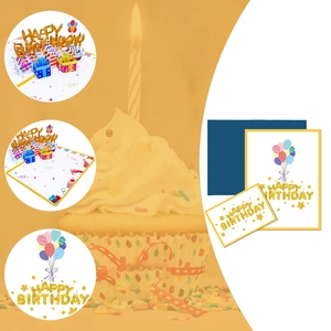 Set biglietto d'auguri 3D con scritta dorata glitterata e busta blu per compleanno