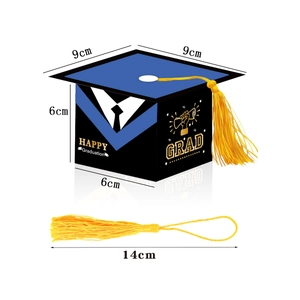 Detailed dimensions of mortarboard gift box with suit pattern and yellow tassel