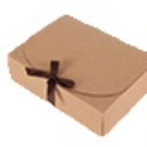 Rechteckige Kraftpapier-Geschenkbox mit dunkelbrauner Schleife auf weißem Hintergrund
