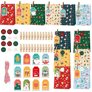 24-set Christmas advent calendar paper bags with stickers, tags, clips and cotton twine