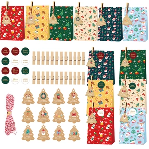 Christmas advent calendar set with 24 paper bags, stickers, clips and cotton twine