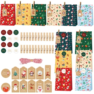 24-set Christmas Advent calendar kraft paper bags with stickers, clips and cotton rope