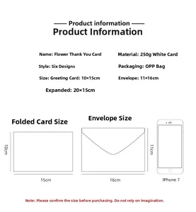Detailed dimension guide for floral thank you cards and matching envelopes set