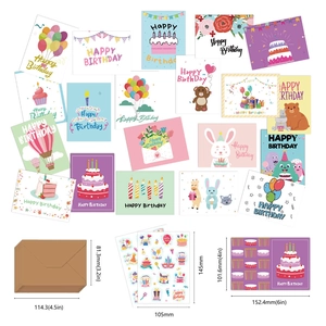 Detailed set of 20 cartoon birthday cards including kraft envelopes and stickers