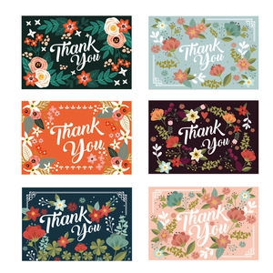 Detail view of six floral thank you cards in diverse colors with artistic hand-drawn patterns