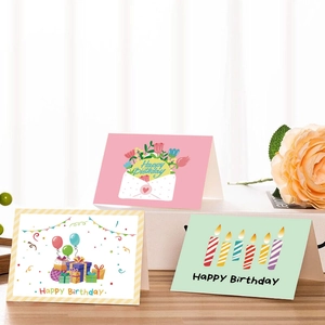 Detailed set of cartoon Happy Birthday cards with floral, balloon, and candle designs