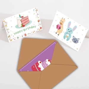 Cute cartoon happy birthday card set with animal illustrations and kraft envelope