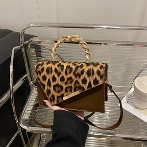 Borsa a Tracolla Splicing a Stampa Leopardata alla Moda da Donna Manico in Metallo Oro Borsa a Tracolla Quadrata Pendolare Elegante