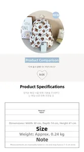 Detailed size chart for nylon backpack with Capybara pattern and dimensions specifications