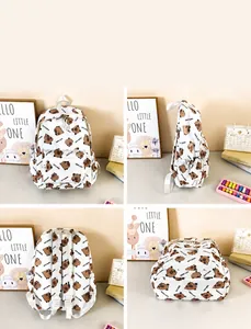 Collage showing front, side, and back views of a white Capybara print backpack