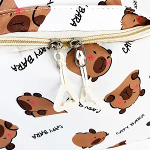 Detail of Capybara printed backpack showing dual zippers and waterproof fabric