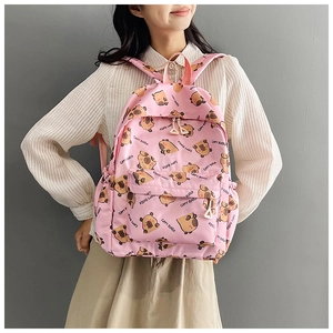 Pink casual backpack with cute Capybara cartoon print and large storage capacity