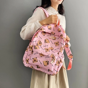 Pink large-capacity backpack with cute Capybara cartoon patterns for school or travel