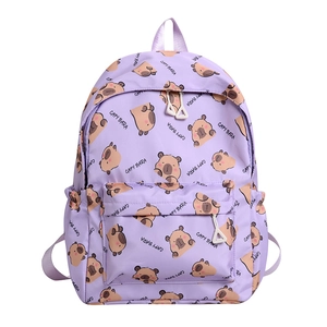 Lavender purple capybara print backpack with large capacity and front zip pocket