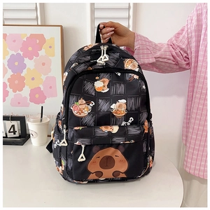 Detailed view of black Capybara print backpack with durable zippers and side pockets