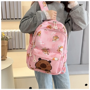 Detailed back view of pink backpack featuring cute capybara cartoon prints and straps