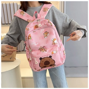 Pink backpack detail showing cute capybara prints and durable zipper closure features