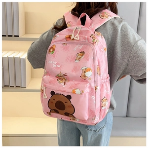 Pink Capybara print school backpack for students with multiple pockets shown on model