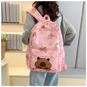 Detail view of pink Capybara pattern backpack with front zip pocket and plaid texture