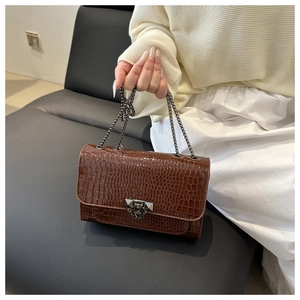 Detail of brown crocodile pattern patent leather handbag with retro metal chain strap