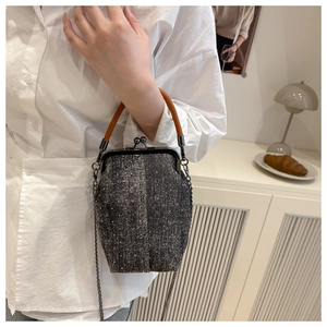 Detail of gray tweed handbag with shimmering rhinestones and a retro metallic clasp