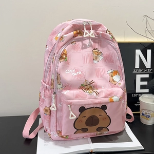 Pink large-capacity backpack featuring cute cartoon Capybara patterns for casual use