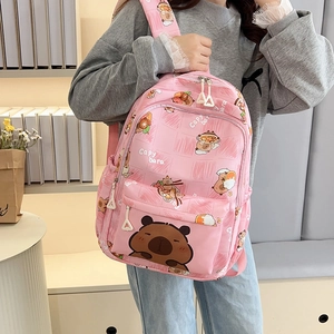 Pink large-capacity backpack with cute Capybara cartoon patterns for school and leisure