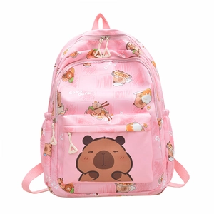 Pink large-capacity backpack featuring cute cartoon Capybara prints for students