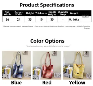 Detailed size chart and dimensions of the striped canvas tote bag in various colors