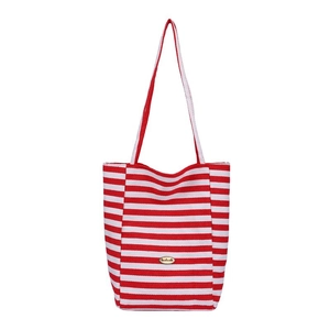 Classic red and white striped canvas tote bag with gold handmade metal plaque