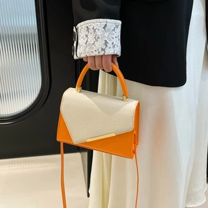 Women Fashion Handbag PU Leather Woven Fabric Splicing Crossbody Bag Modern Minimalist Shoulder Bag With Top Handle Metal Bar