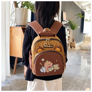 Detalle del estampado de carpincho en mochila infantil con diseño bicolor marrón