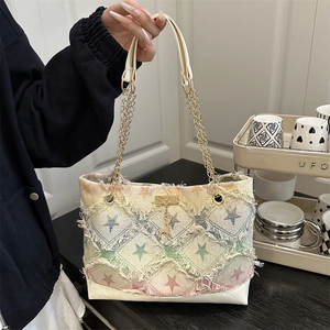 Women French Retro Canvas Tote Bag Large Capacity Chain Shoulder Bag With Fringe Checkerboard Star Pattern Deer Pendant