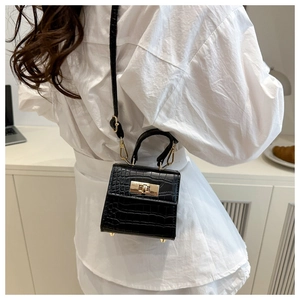 Detail of black crocodile texture mini bag with gold lock and stylish handle