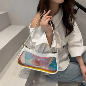 Sac à Épaule sous le Bras pour Femme en PVC Transparent Holographique Irisé Sac Baguette avec Cadre en Cuir PU